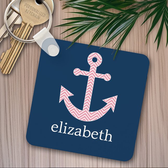 Nautical Anchor with Navy Pink Chevron Pattern Key Ring (Personalized keychain - add name)