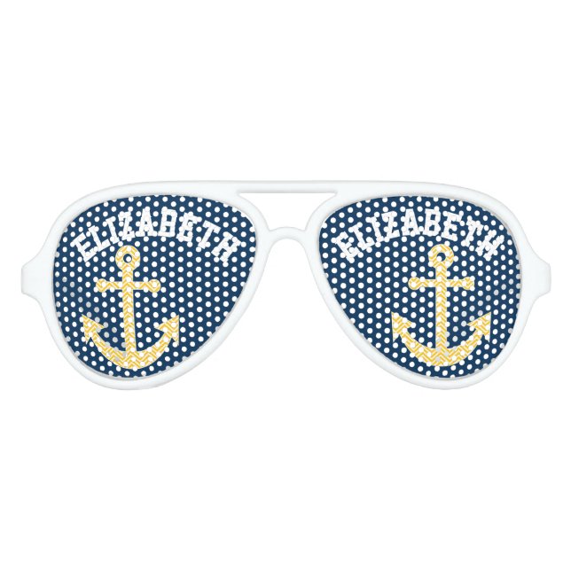 Nautical Anchor with Navy Yellow Chevron Pattern Aviator Sunglasses (Front)