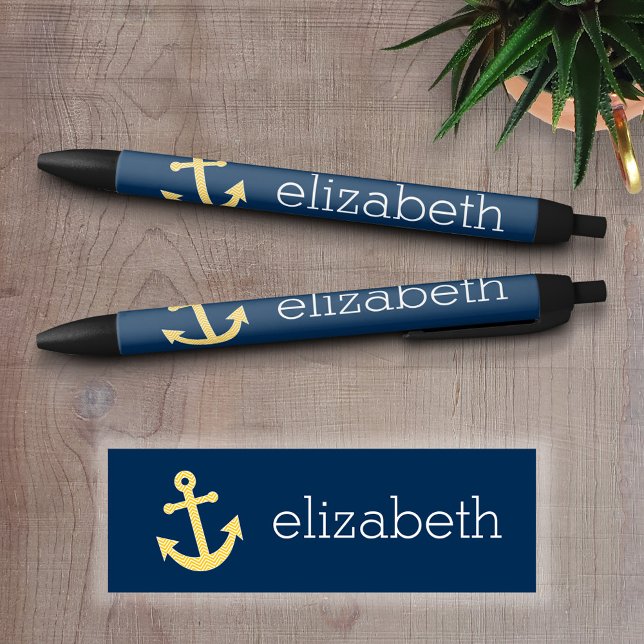 Nautical Anchor with Navy Yellow Chevron Pattern Black Ink Pen (Personalized Writing Pens)
