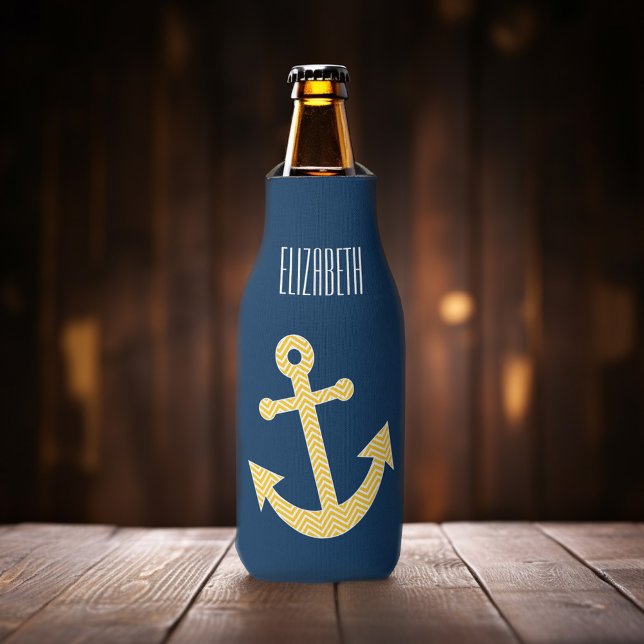 Nautical Anchor with Navy Yellow Chevron Pattern Bottle Cooler (Bottle can cooler with an anchor - add your name!)
