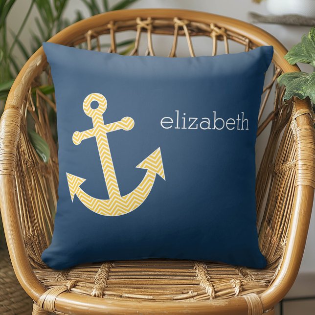 Nautical Anchor with Navy Yellow Chevron Pattern Cushion (Custom Pillow)
