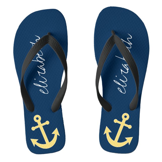 Nautical Anchor with Navy Yellow Chevron Pattern Flip Flops (Footbed)