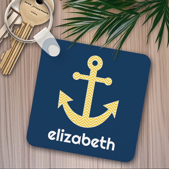 Nautical Anchor with Navy Yellow Chevron Pattern Key Ring (Personalized keychain - cute nautical anchor)
