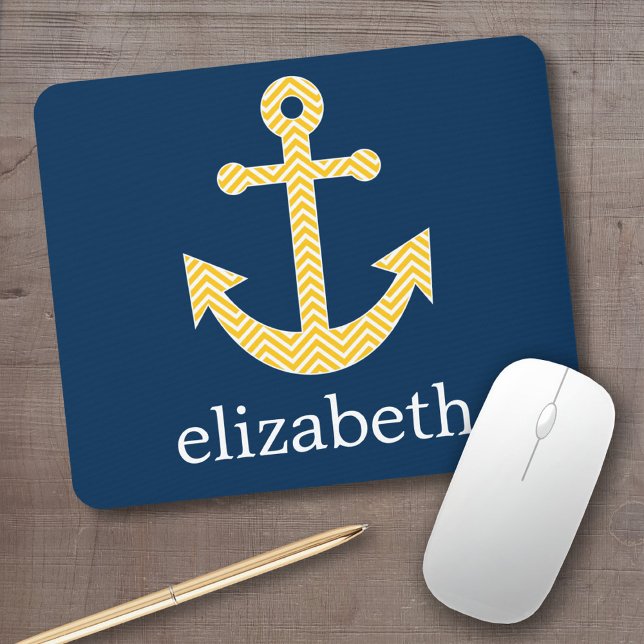 Nautical Anchor with Navy Yellow Chevron Pattern Mouse Mat (Personalized mousepad - add your custom text)