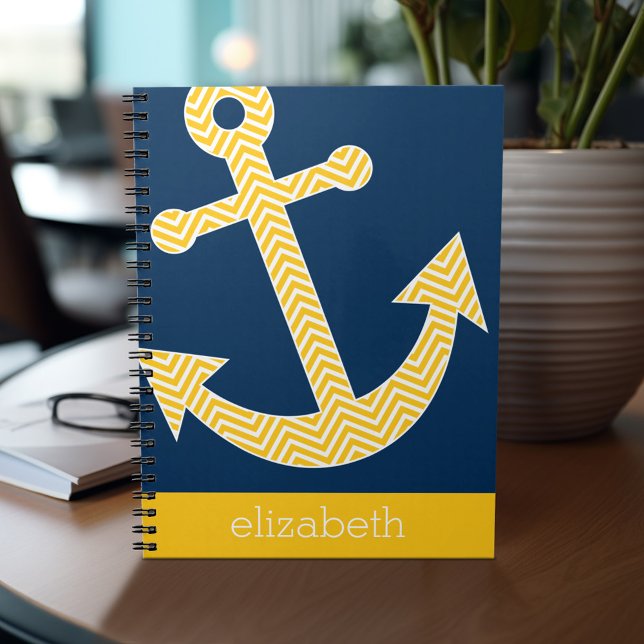 Nautical Anchor with Navy Yellow Chevron Pattern Notebook (Personalized notebook - add name and custom text)