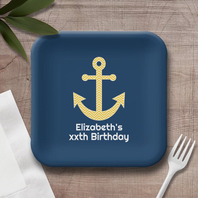 Nautical Anchor with Navy Yellow Chevron Pattern Paper Plate (Personalized party plates with an anchor and birthday text)