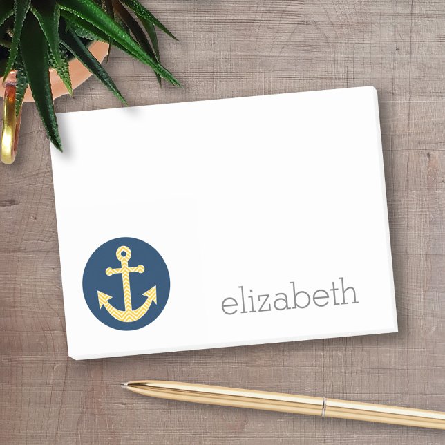 Nautical Anchor with Navy Yellow Chevron Pattern Post-it Notes (Personalized post-it notes - add your name and other text)