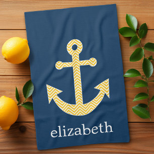 Nautical Anchor with Navy Yellow Chevron Pattern Tea Towel