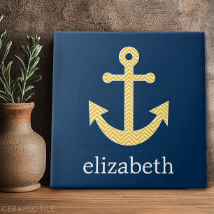 Nautical Anchor with Navy Yellow Chevron Pattern Tile