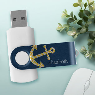 Nautical Anchor with Navy Yellow Chevron Pattern USB Flash Drive