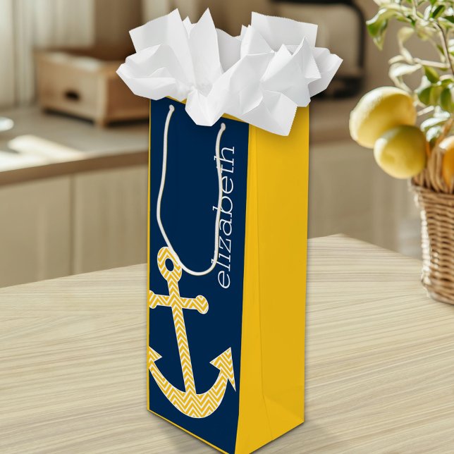 Nautical Anchor with Navy Yellow Chevron Pattern Wine Gift Bag (Custom Gift Bag)