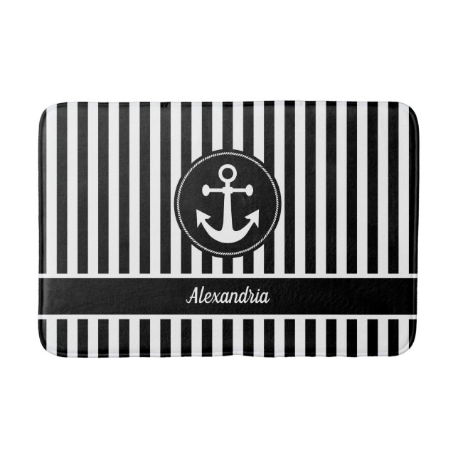 Nautical Anchor with Rope Black and White Stripes Bath Mat (Front)