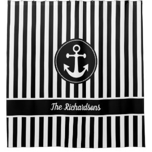Nautical Anchor with Rope Black and White Stripes Shower Curtain
