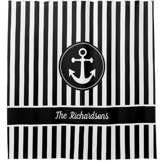 Nautical Anchor with Rope Black and White Stripes Shower Curtain (Front)