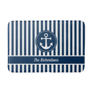 Nautical Anchor with Rope on Navy Blue Stripes Bath Mat