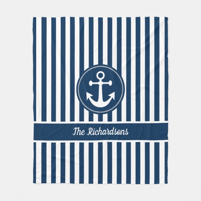 Nautical Anchor with Rope on Navy Blue Stripes Fleece Blanket (Front)