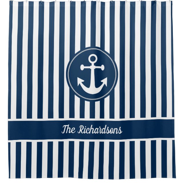 Nautical Anchor with Rope on Navy Blue Stripes Shower Curtain (Front)