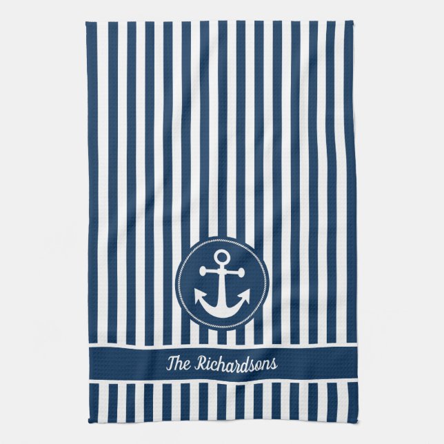 Nautical Anchor with Rope on Navy Blue Stripes Tea Towel (Vertical)