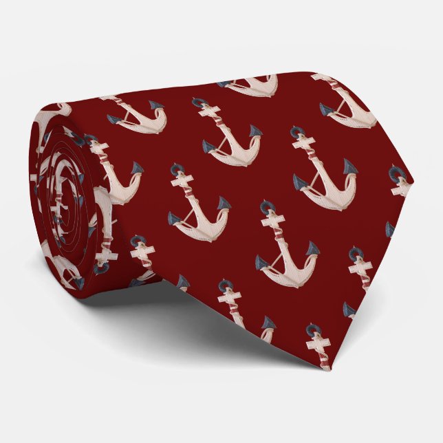 Nautical Anchor with Rope on Red Tie (Rolled)