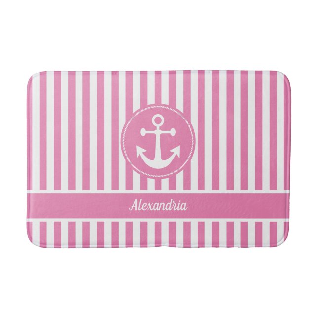 Nautical Anchor with Rope Pink and White Stripes Bath Mat (Front)