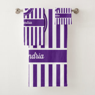 Nautical Anchor with Rope Purple and White Stripes Bath Towel Set