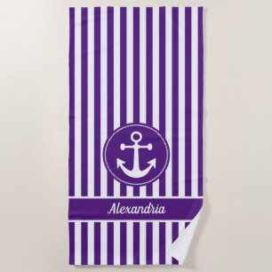 Nautical Anchor with Rope Purple and White Stripes Beach Towel