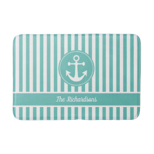 Nautical Anchor with Rope Teal and White Stripes Bath Mat