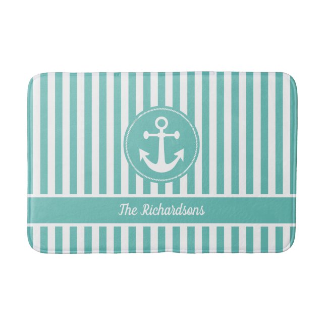 Nautical Anchor with Rope Teal and White Stripes Bath Mat (Front)
