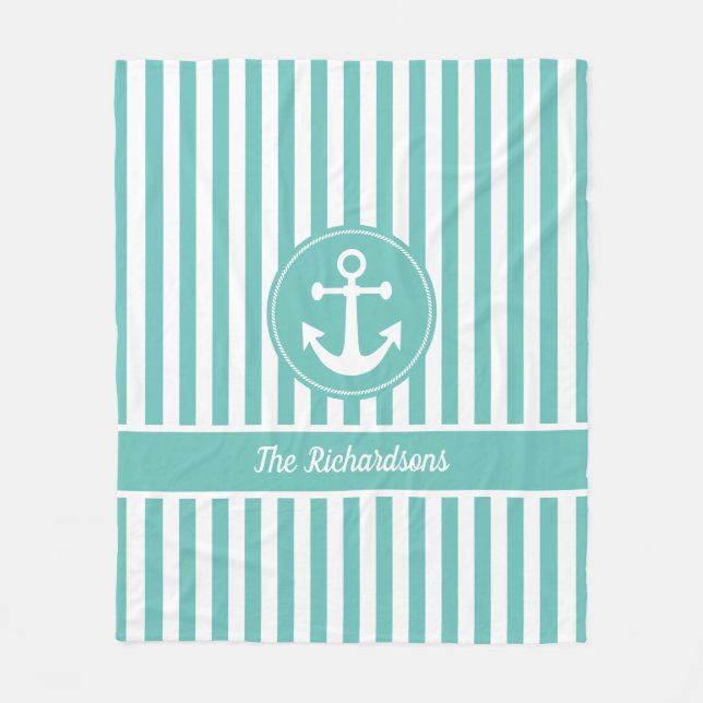 Nautical Anchor with Rope Teal and White Stripes Fleece Blanket (Front)