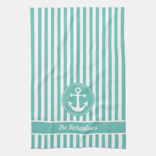 Nautical Anchor with Rope Teal and White Stripes Tea Towel