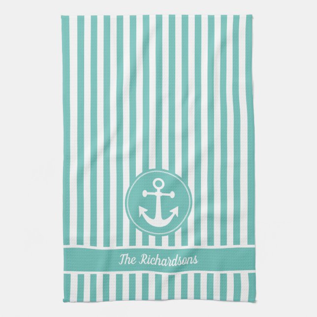 Nautical Anchor with Rope Teal and White Stripes Tea Towel (Vertical)