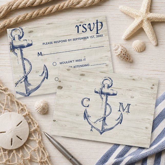 Nautical Anchor Wood RSVP Card (Tie the knot with this navy nautical sketch anchor with rustic wood wedding invitation.)