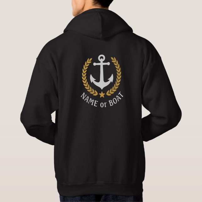 Nautical Anchor Your Boat Name Gold Laurel Black Hoodie (Back)