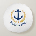 Nautical Anchor Your Boat Name Gold Laurel White Round Cushion<br><div class="desc">Personalise your home with nautical themed round throw cushion pillows displaying your boat name, family name or other desired text. Featuring a custom designed nautical boat anchor, gold style laurel leaves and star emblem on navy blue or easily adjust the primary colour to match your current theme. Perfect for your...</div>