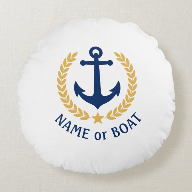 Nautical Anchor Your Boat Name Gold Laurel White Round Cushion (Front)