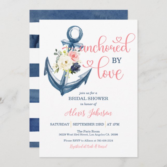 Nautical Anchored By Love Bridal Shower (Pink) Invitation (Front/Back)