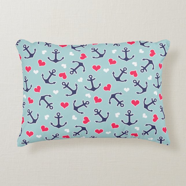 Nautical Anchors and Hearts Pattern Decorative Cushion (Front)