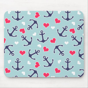 Nautical Anchors and Hearts Pattern Mouse Mat