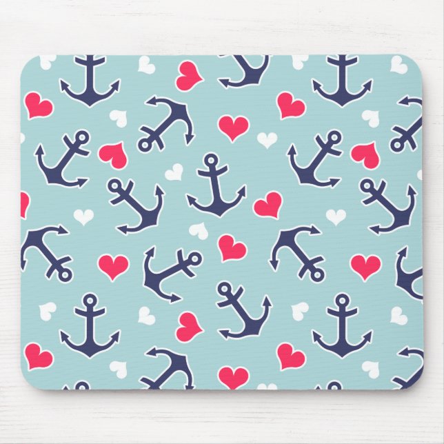Nautical Anchors and Hearts Pattern Mouse Mat (Front)