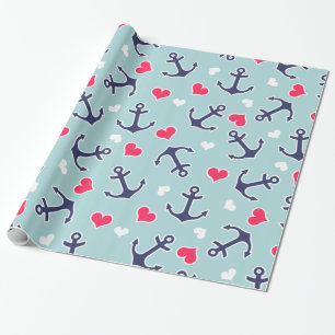 Nautical Anchors and Hearts Pattern Wrapping Paper