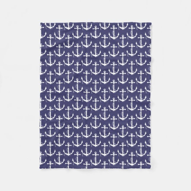 Nautical Anchors Aweigh Navy Fleece Blanket (Front)