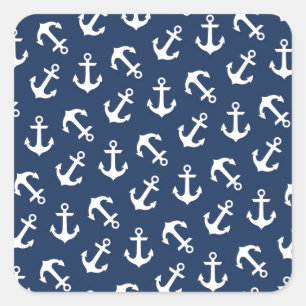 Nautical Anchors Aweigh Pattern Navy Square Sticker