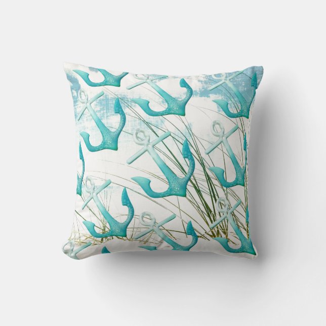 Nautical Anchors Beach Ocean Coastal Pillow (Front)
