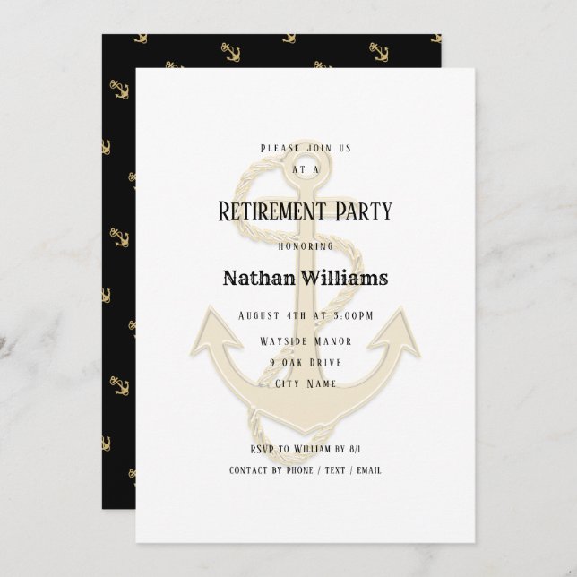 Nautical Anchors Black Gold Custom Retirement Invitation (Front/Back)