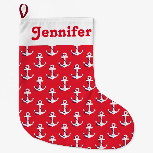Nautical Anchors Customisable Holiday Message Large Christmas Stocking (Front)