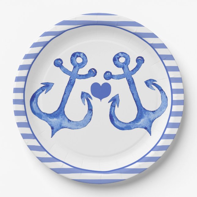 Nautical Anchors & Haert | Navy Striped Paper Plate (Front)