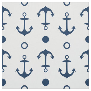 Nautical Anchors Pattern   Navy Blue and White Fabric