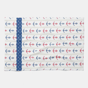 Nautical Anchors Red White Blue Tea Towel