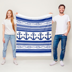 Nautical Anchors Ropes And Stripes Fleece Blanket