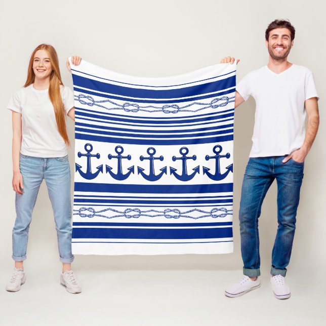 Nautical Anchors Ropes And Stripes Fleece Blanket (In Situ)